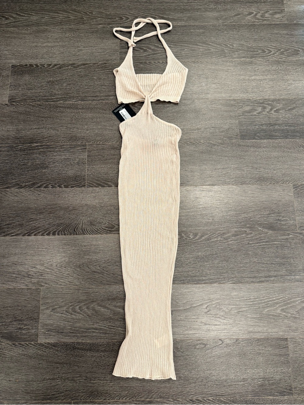 PrettyLittleThing Beige Ribbed Cutout Halter Maxi Dress